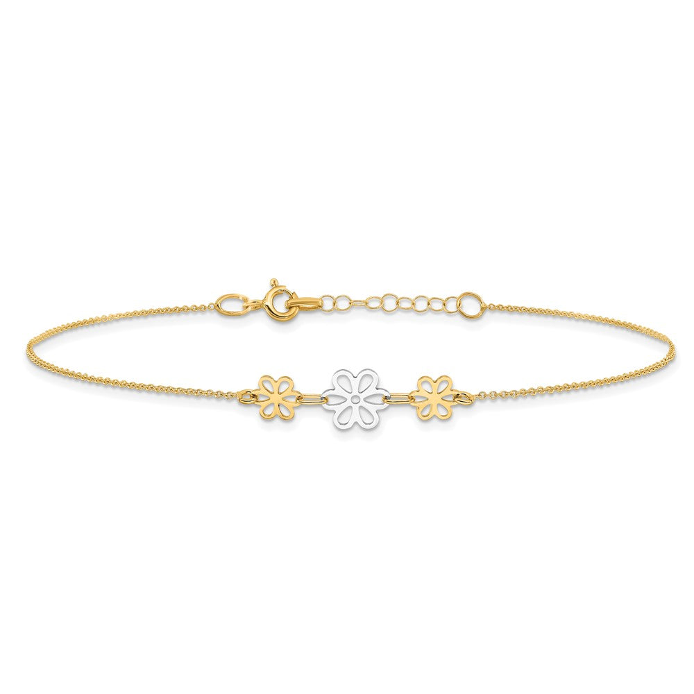14K Two-tone Polished Three Flower 9in Plus 1in ext Anklet
