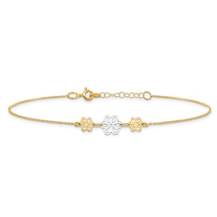 14K Two-tone Polished Three Flower 9in Plus 1in ext Anklet
