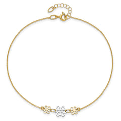 14K Two-tone Polished Three Flower 9in Plus 1in ext Anklet