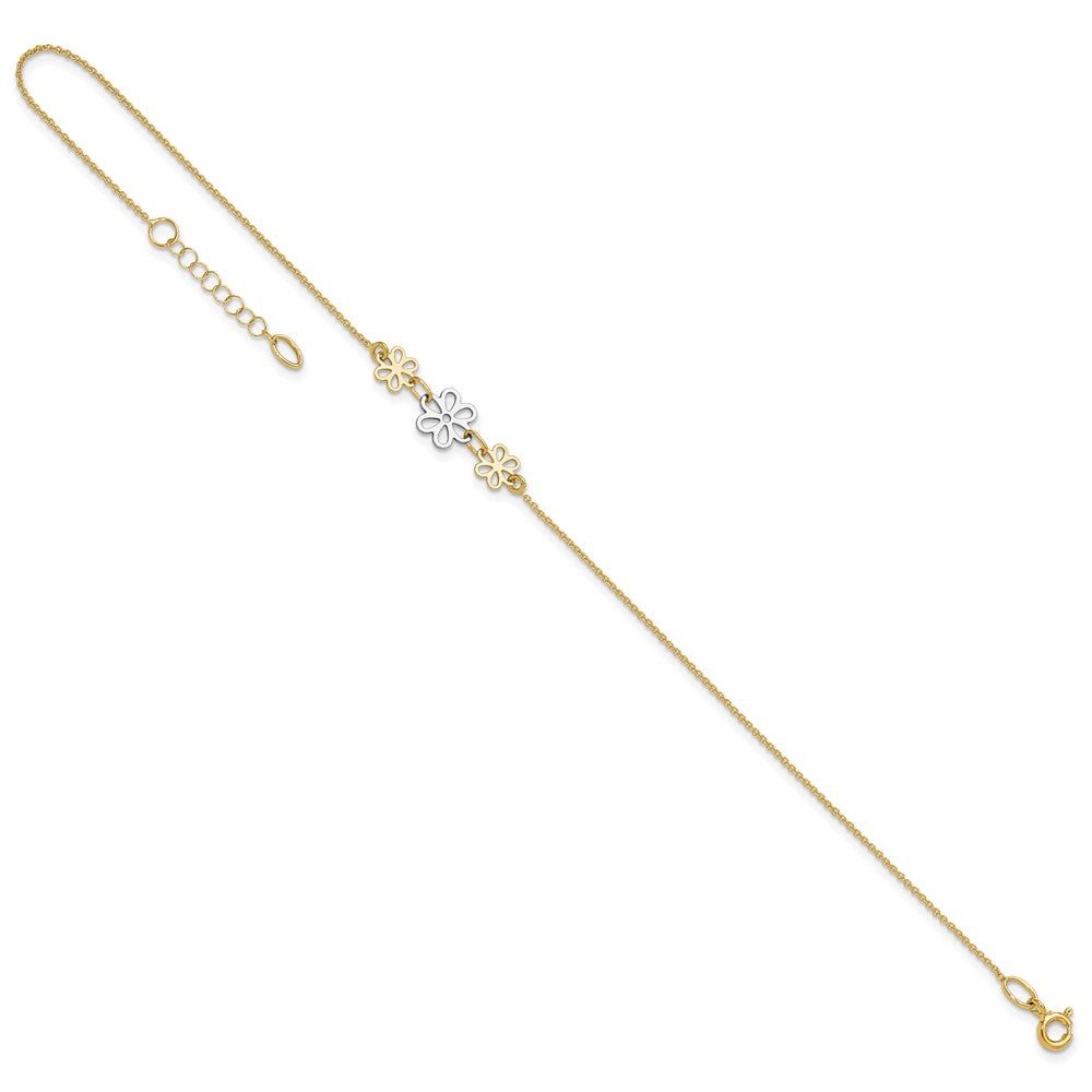 14K Two-tone Polished Three Flower 9in Plus 1in ext Anklet
