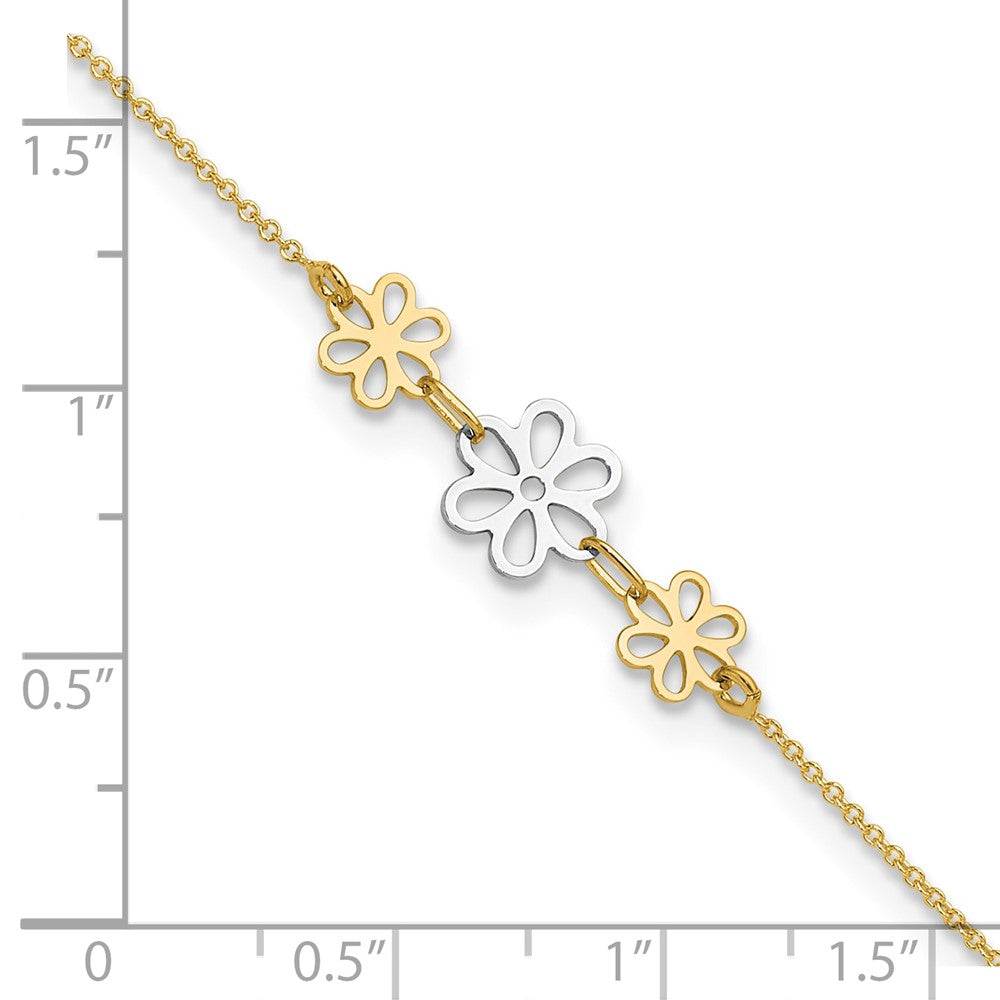14K Two-tone Polished Three Flower 9in Plus 1in ext Anklet