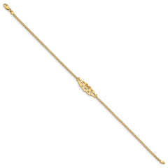 14k Polished Filigree Heart and Bismark Chain 10 inch Anklet