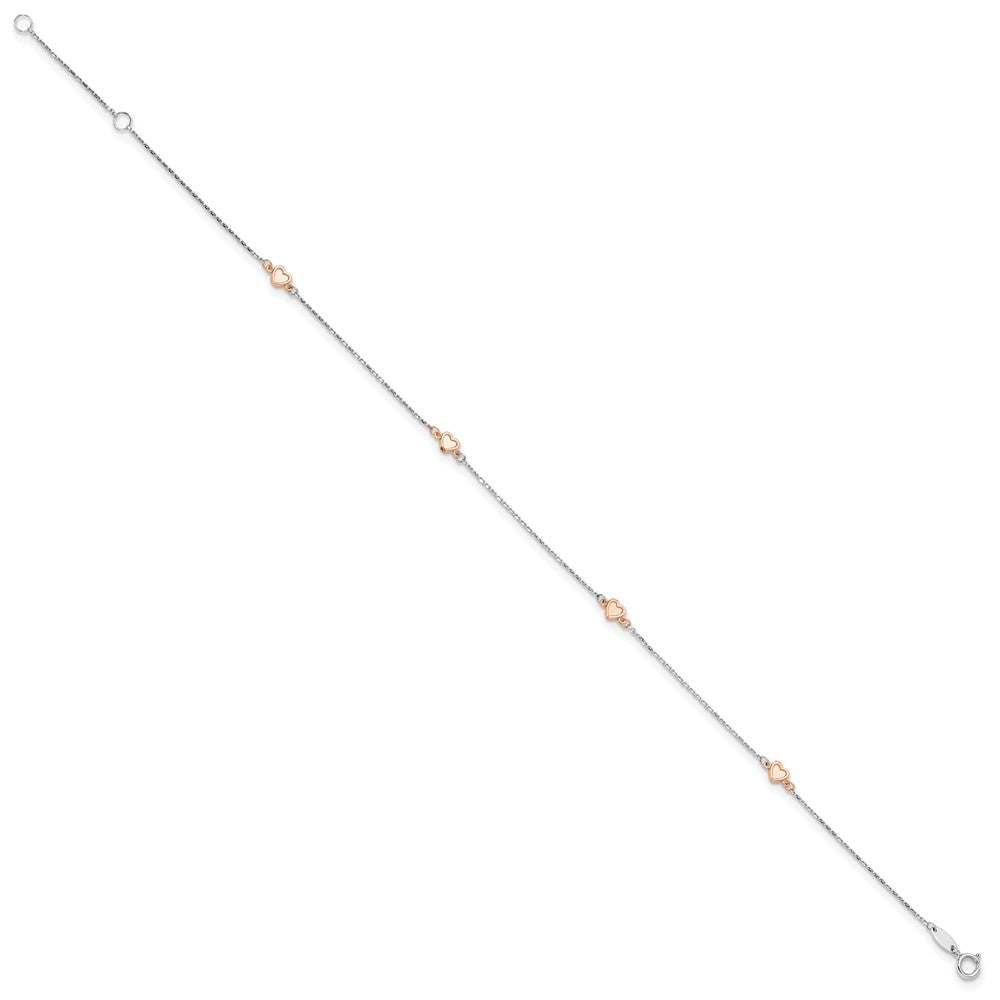 14K Two-tone White and Rose Satin Hearts 4-Station 9 inch Plus 1 inch Extender - Total 10 inch Anklet