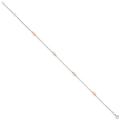 14K Two-tone White and Rose Satin Hearts 4-Station 9 inch Plus 1 inch Extender - Total 10 inch Anklet