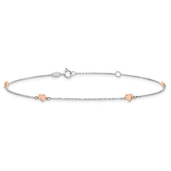 14K Two-tone White and Rose Satin Hearts 4-Station 9 inch Plus 1 inch Extender - Total 10 inch Anklet