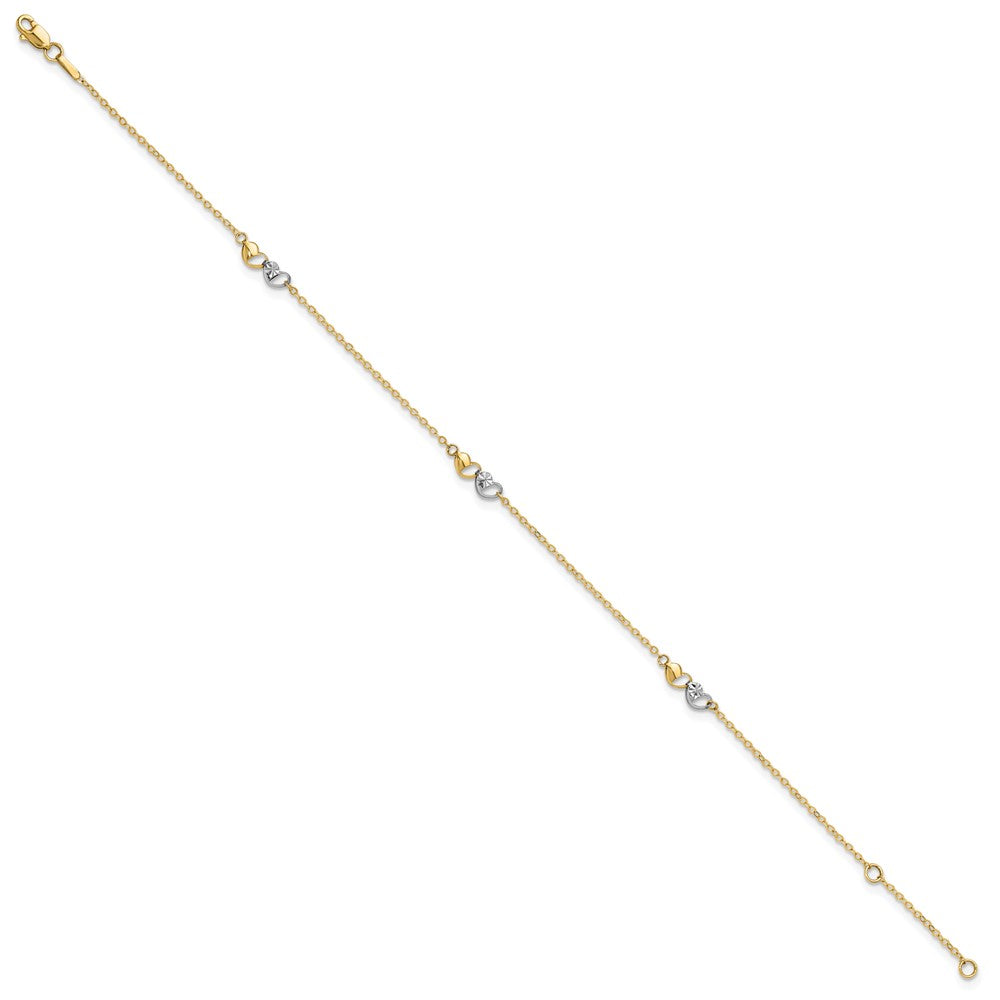 14k Two-tone Diamond-cut Double Hearts 3-Station 9 inch Plus 1 inch Extender - Total 10 inch Anklet