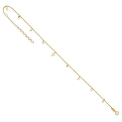 14K Polished Dangle Crosses and Circles 9 inch Plus 2 in Extender - Total 11 inch Anklet