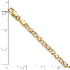 14k Polished and Satin Rose-plated X-and-Heart 10 inch Anklet