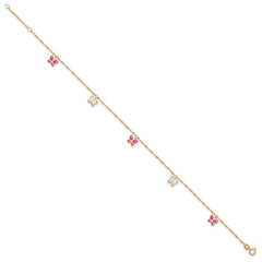 14k Pink and White Enameled Butterfly Dangles 9 inch Plus 1 inch Extender - Total 10 inch Anklet
