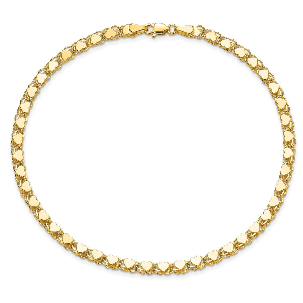 14k Polished Double-Sided Hearts Double Link 10 inch Anklet