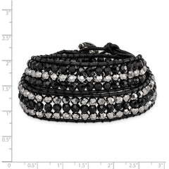 Black Aurora Borealis/Grey Crystal Bead/Leather Multi-wrap Bracelet