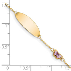 14K Polished Purple Enamel Butterfly and 20x7mm Plate 5.5 inch  Baby/Child ID Bracelet with 0.5 inch Extender
