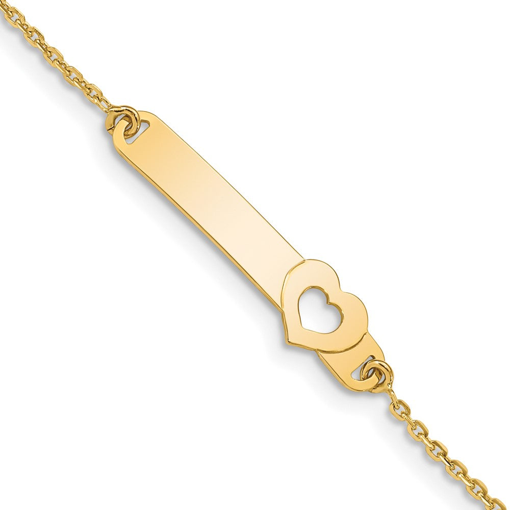 14K Polished Solid Chain/Solid Plate Cut-out Heart 27.7x6.5mm Plate 5.5 inch Baby/Child ID Bracelet with 1 inch Extender