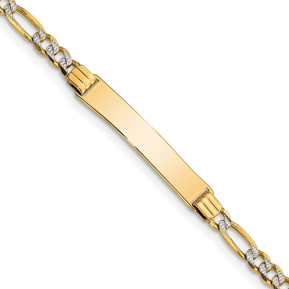 14k with Rhodium Polished Solid Chain/Solid Plate Pavâ Figaro Link 26x5mm Plate 6 inch Baby/Child ID Bracelet