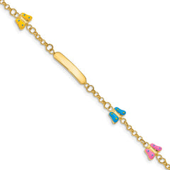14k Polished Pink/Blue/Yellow Enamel Butterflies and 18x3mm Plate 6 inch Baby/Child ID Bracelet with 0.5 inch Extender