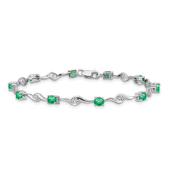 14k White Gold Complete Oval Emerald and Round White Sapphire Curved Link 7 inch Bracelet