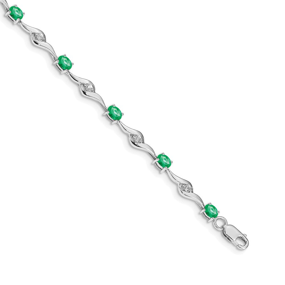 14k White Gold Complete Oval Emerald and Round White Sapphire Curved Link 7 inch Bracelet