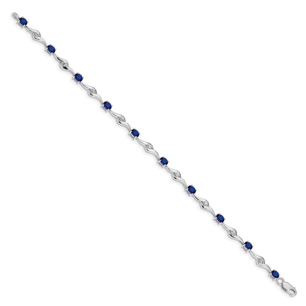 14k White Gold Complete Oval Blue Sapphire and Round White Sapphire Curved Link 7 inch Bracelet