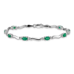 14k White Gold Complete Diamond and Oval Emerald Wavy Link 7 inch Bracelet
