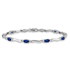 14k White Gold Complete Diamond and Oval Sapphire Wavy Link 7 inch Bracelet