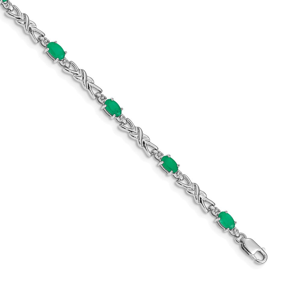 14k White Gold Complete Diamond and Oval Emerald X-design 7.25 inch Bracelet