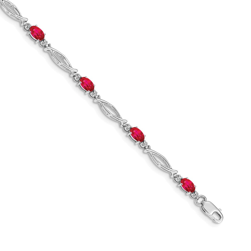 14k White Gold Complete Diamond and Oval Ruby 7.25 inch Bracelet - 2