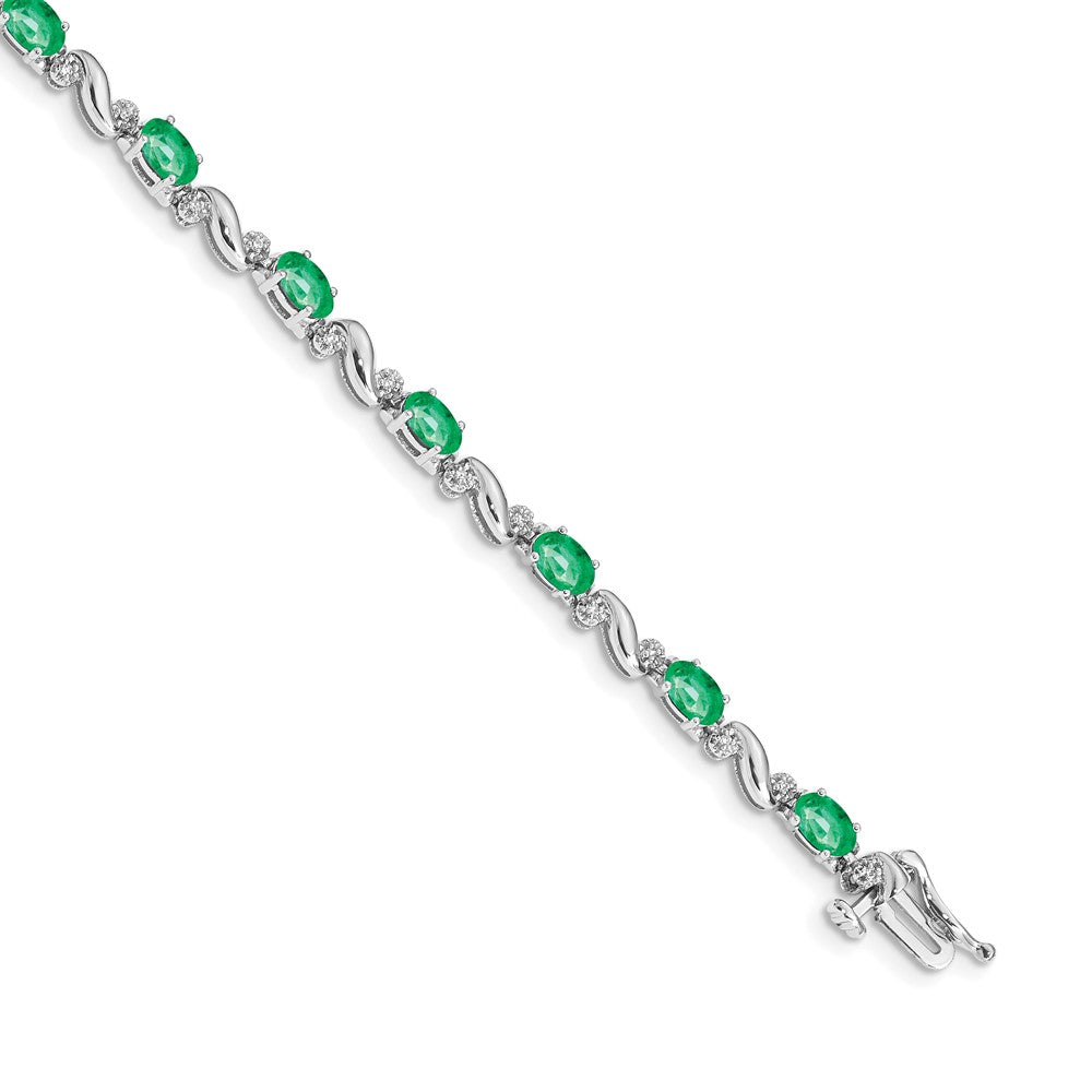 14k White Gold Complete Diamond and Oval Emerald Curved Link 7 inch Bracelet