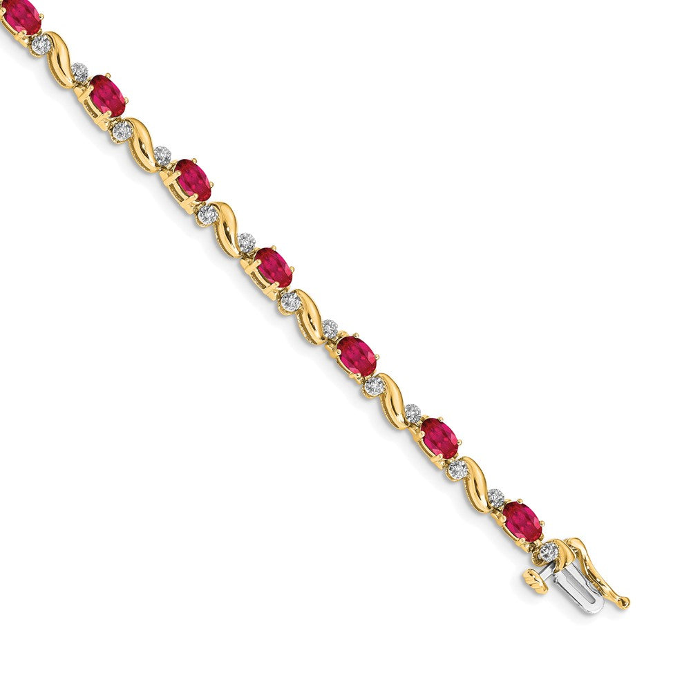 14k Complete Diamond and Oval Ruby Curved Link 7 inch Bracelet