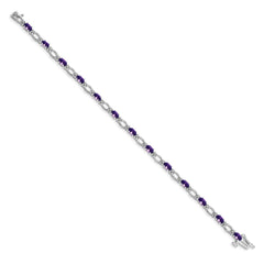 14k White Gold Complete Diamond and Oval Amethyst Heart Accent 7 inch Bracelet