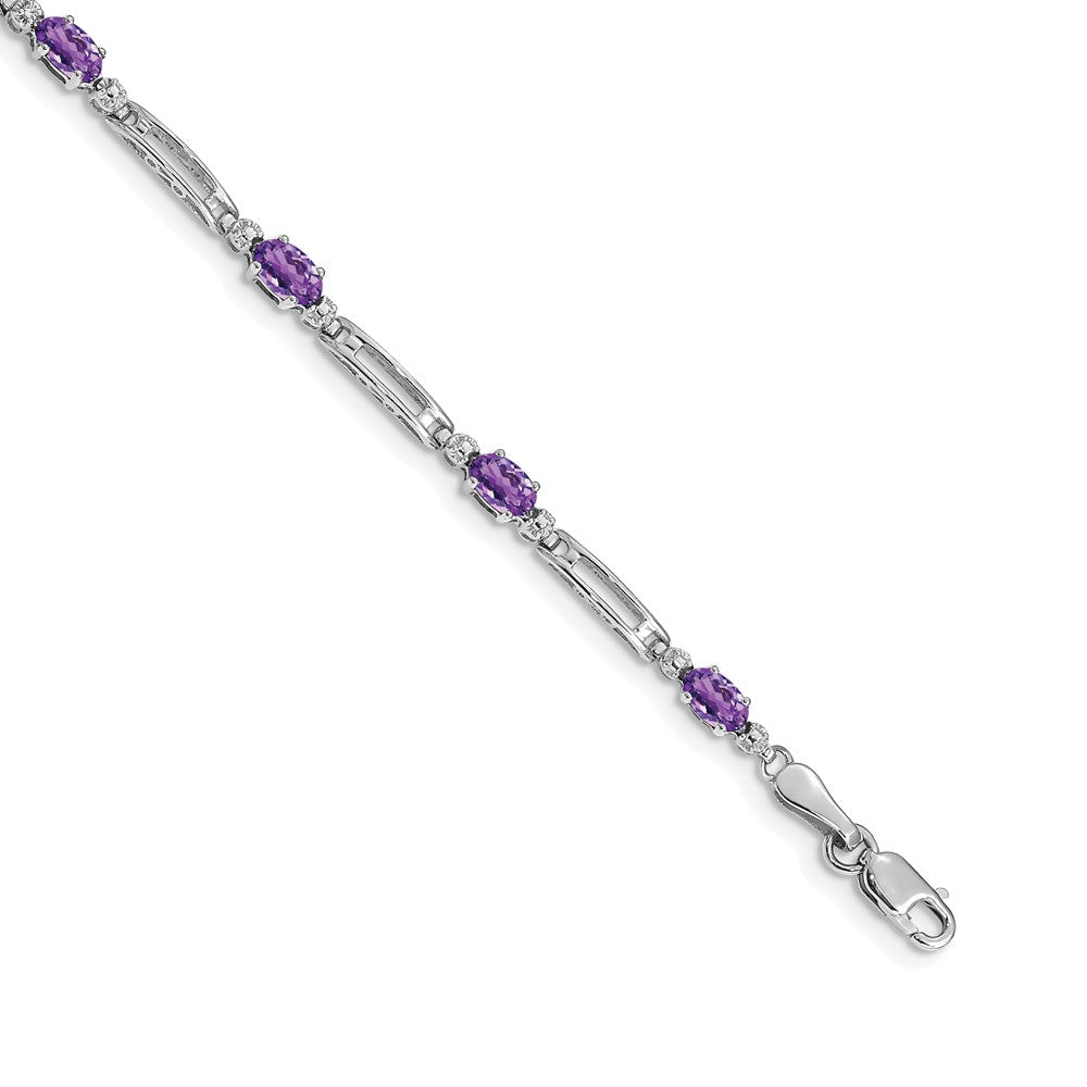 14k White Gold Complete Diamond and Oval Amethyst Fancy Link 7 inch Bracelet