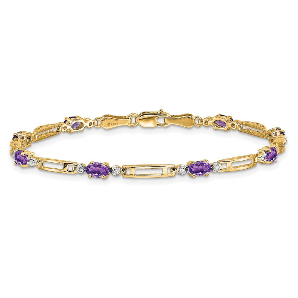 14k Complete Diamond and Oval Amethyst Fancy Link 7 inch Bracelet