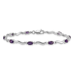 14k White Gold Complete Diamond and Oval Amethyst Wavy Link 7 inch Bracelet