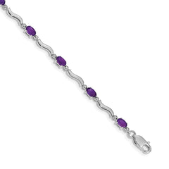 14k White Gold Complete Diamond and Oval Amethyst Wavy Link 7 inch Bracelet