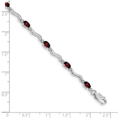 14k White Gold Complete Diamond and Oval Garnet Wavy Link 7 inch Bracelet