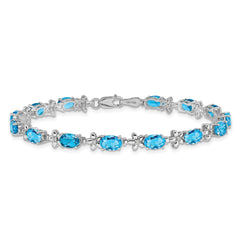 14k White Gold Complete Diamond and Oval Swiss Blue Topaz Floral 7 inch Bracelet