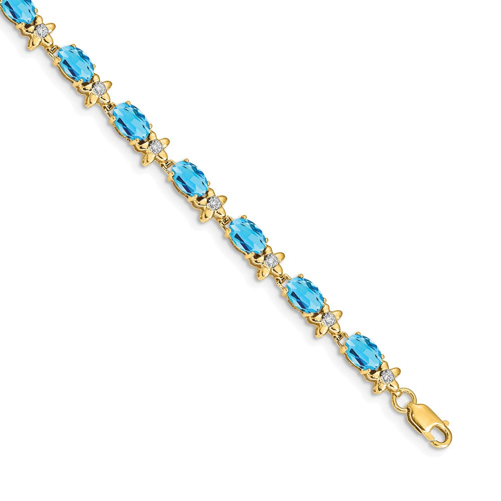 14k Complete Diamond and Oval Swiss Blue Topaz Floral 7 inch Bracelet