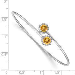14k White Gold Complete Round Citrine and 1/8 carat Diamond Halo Flexible Bangle Bracelet