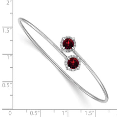 14k White Gold Complete Round Garnet and 1/8 carat Diamond Halo Flexible Bangle Bracelet