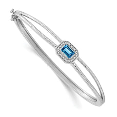 14k White Gold Complete Emerald-cut Blue Topaz and 1/10 carat Diamond Halo Hinged Bangle Bracelet