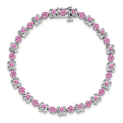 14k White Gold Complete Lab Created Pink Sapphire Flowers 7 inch Bracelet