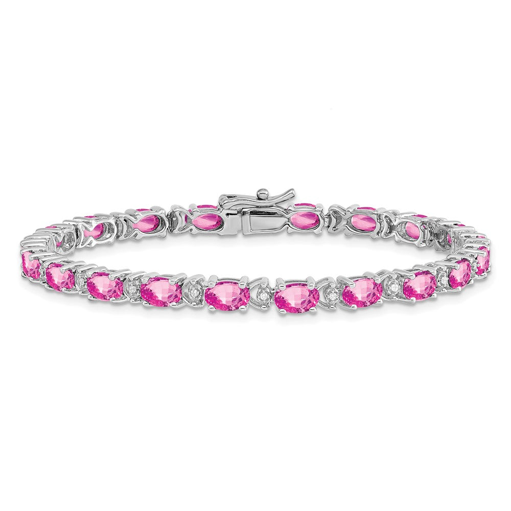 14k White Gold Oval Created Pink Sapphire and Diamond Bracelet