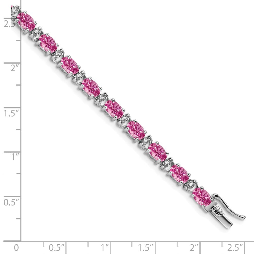 14k White Gold Oval Created Pink Sapphire and Diamond Bracelet