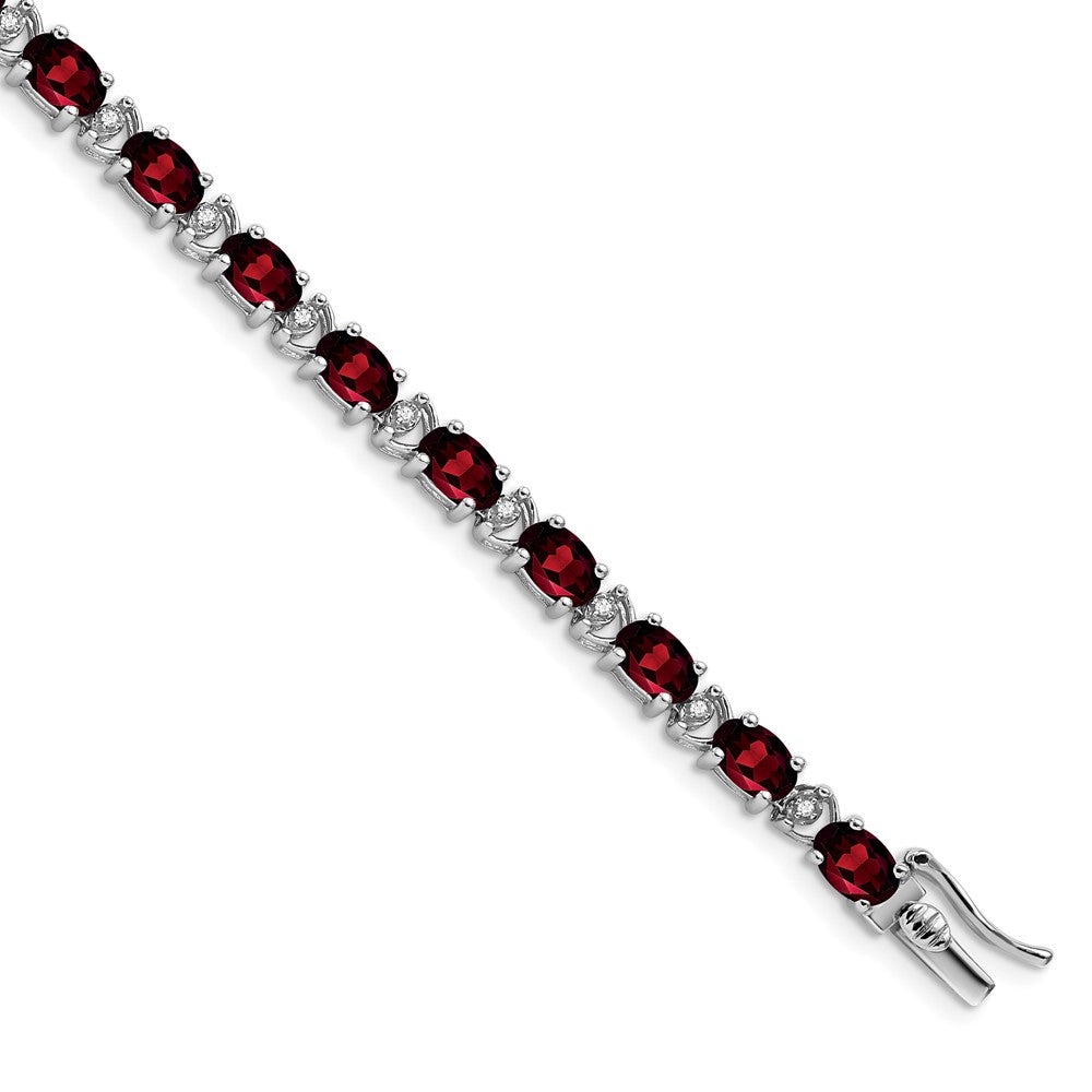 14k White Gold Complete Oval Garnet and Diamond 7 inch Bracelet
