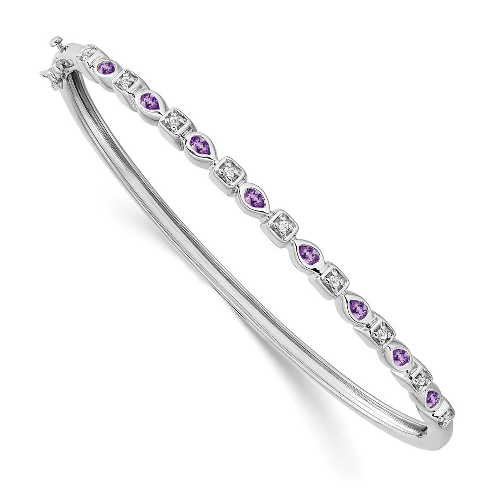 14k White Gold Complete Amethyst and 1/10 carat Diamond Hinged Bangle Bracelet