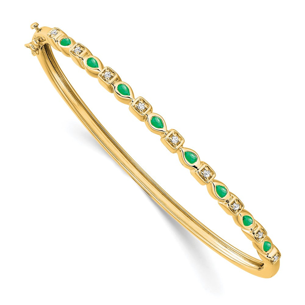 14k Complete Emerald and 1/10 carat Diamond Hinged Bangle Bracelet