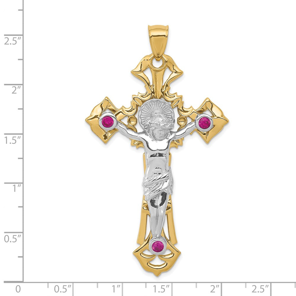 14k Two-tone Polished with Red CZs Crucifix Pendant