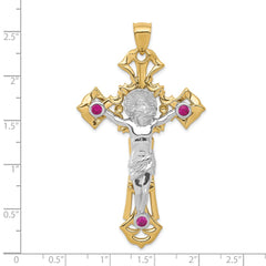 14k Two-tone Polished with Red CZs Crucifix Pendant