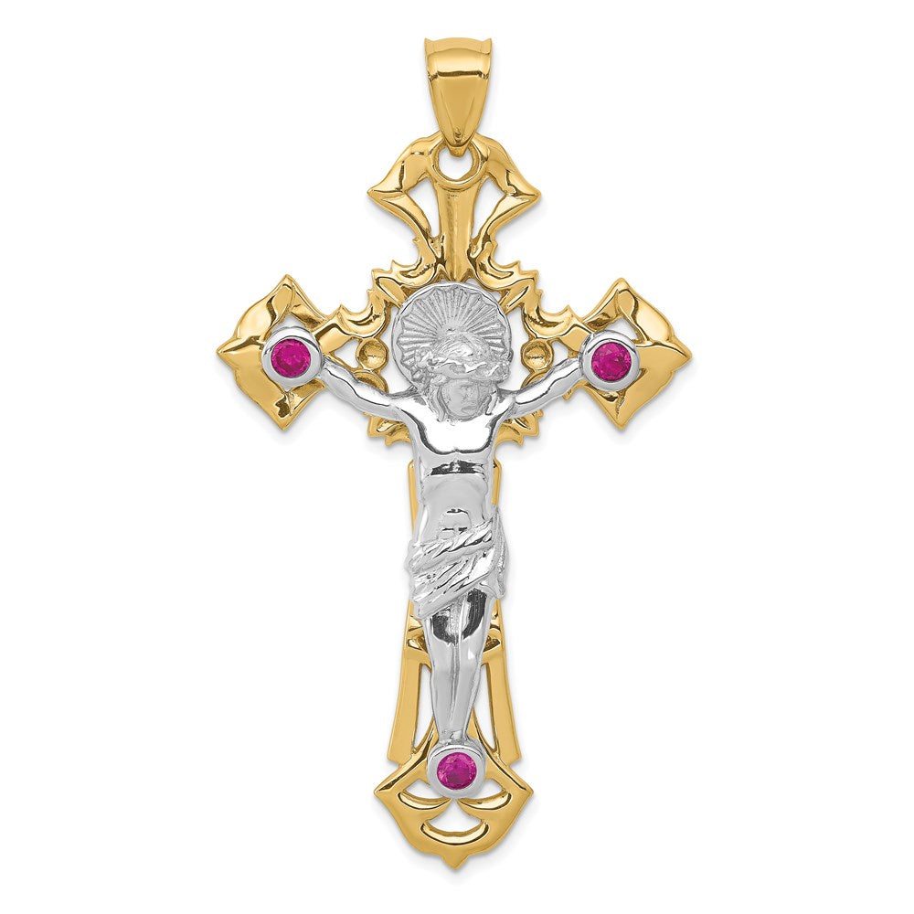 14k Two-tone Polished with Red CZs Crucifix Pendant - 2