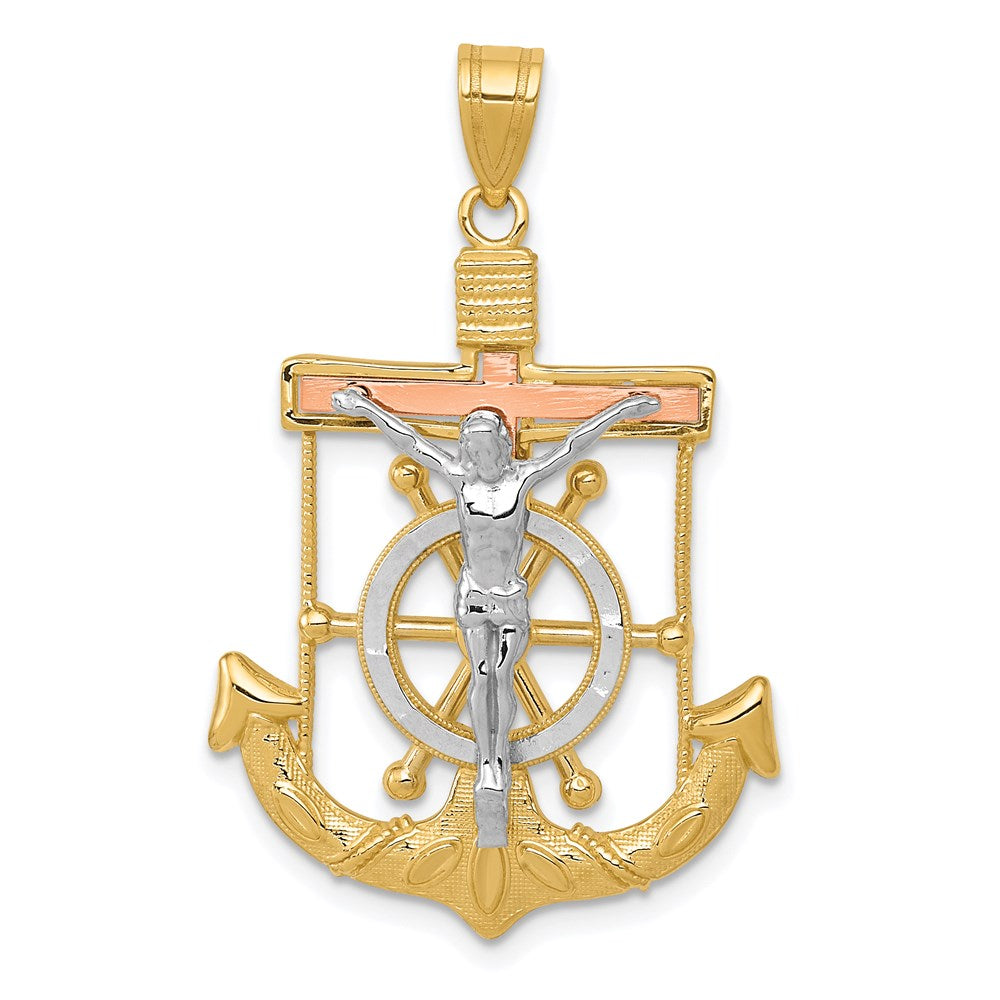 14k Tri-color Diamond-cut w/Textured Mariner's Cross Pendant - 2