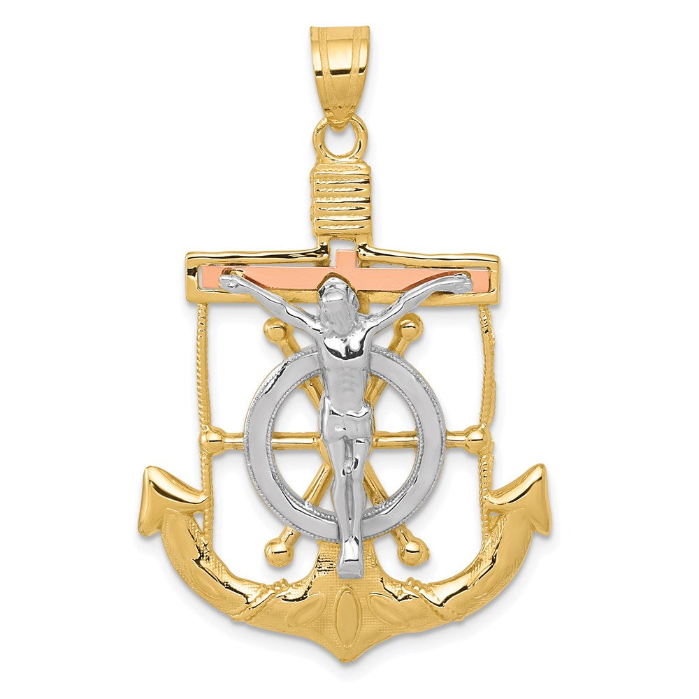 14k Tri-color Diamond-cut w/Textured Mariner's Cross Pendant - 3